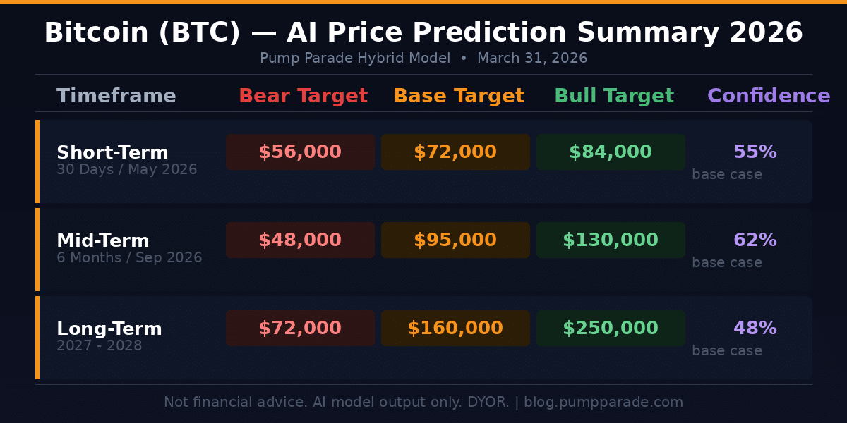 Bitcoin BTC price prediction table showing bear, base, and bull targets for short-term, mid-term, and long-term