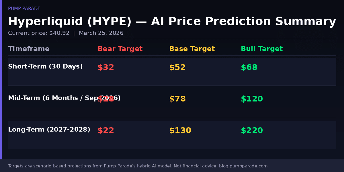 Hyperliquid HYPE price prediction table showing bear, base and bull targets for 2026 and beyond