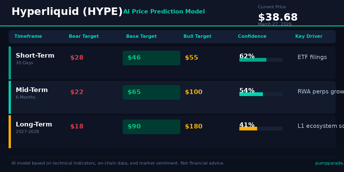 Hyperliquid HYPE price prediction table 2026: bear, base, and bull targets for short, mid, and long term
