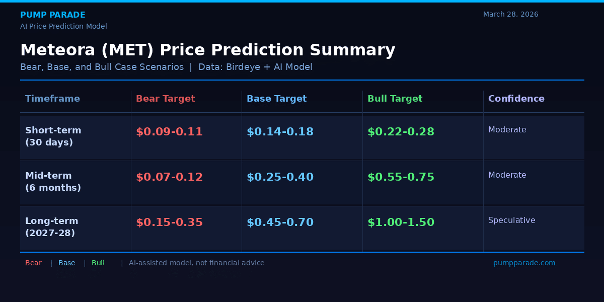 Meteora MET price prediction summary table showing bear, base, and bull case scenarios for 2026 and 2027