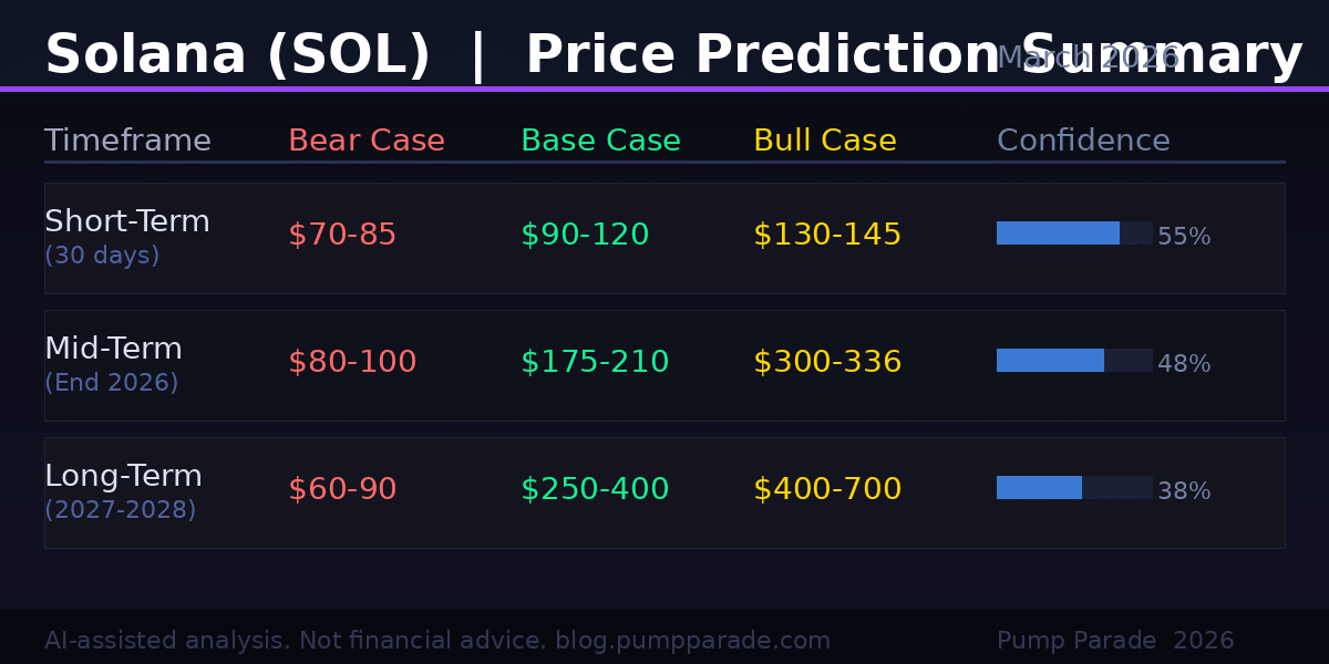 Solana SOL price prediction summary table showing bear, base, and bull targets for short-term, mid-term, and long-term horizons