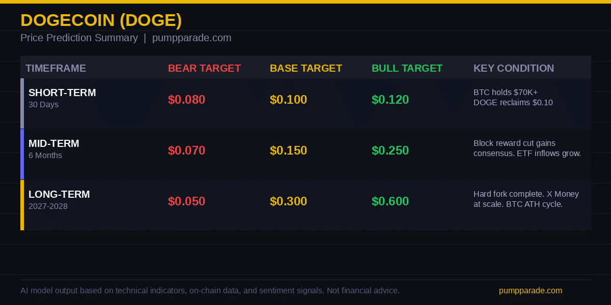 Dogecoin DOGE price prediction table 2026 showing bear base bull targets by timeframe