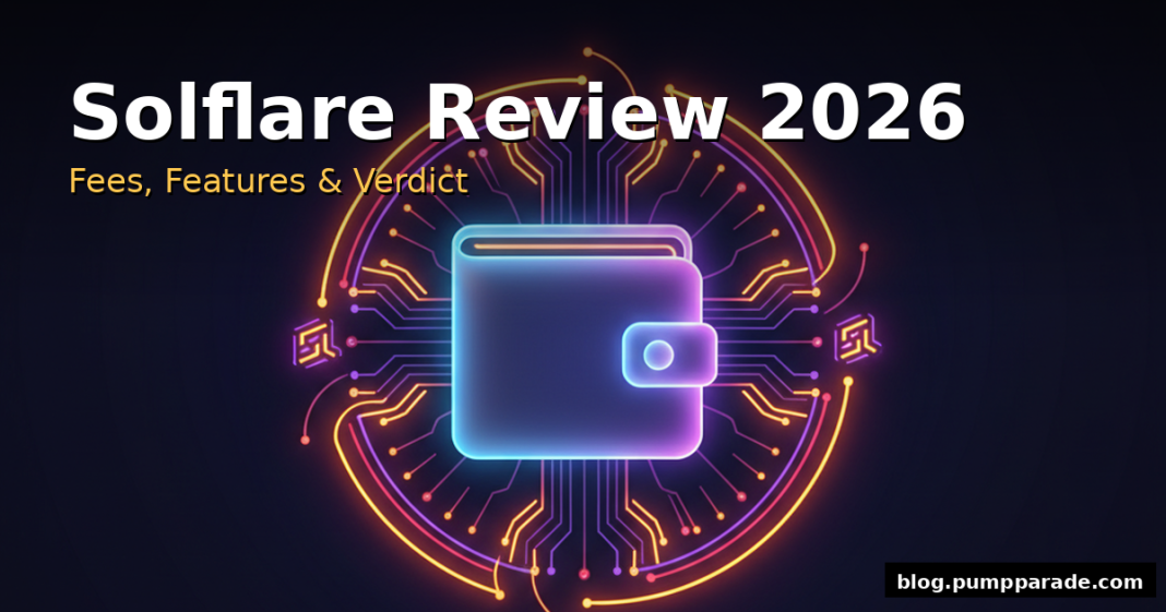 Solflare Review 2026: hero illustration of a glowing crypto wallet on a dark navy background with neon accents