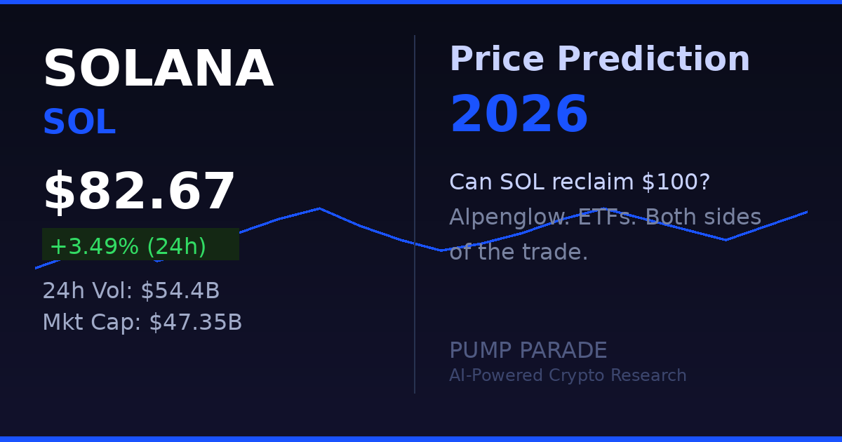 Solana SOL price prediction 2026 hero image showing current price $82.67
