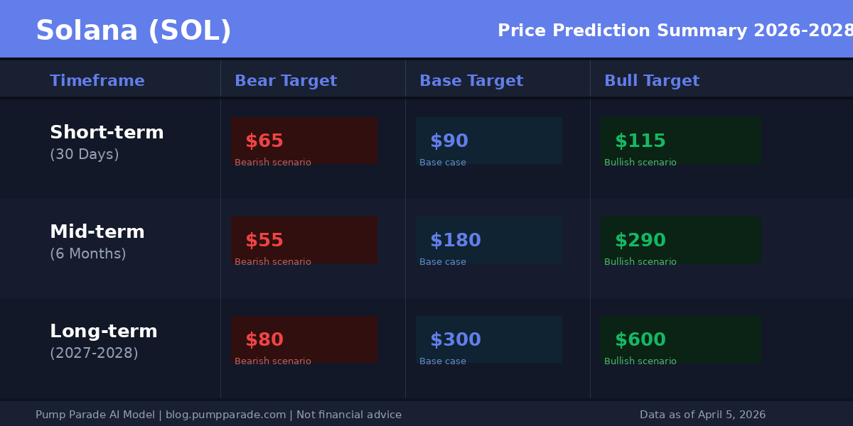 Solana SOL price prediction table showing bear, base, and bull targets for 2026 through 2028