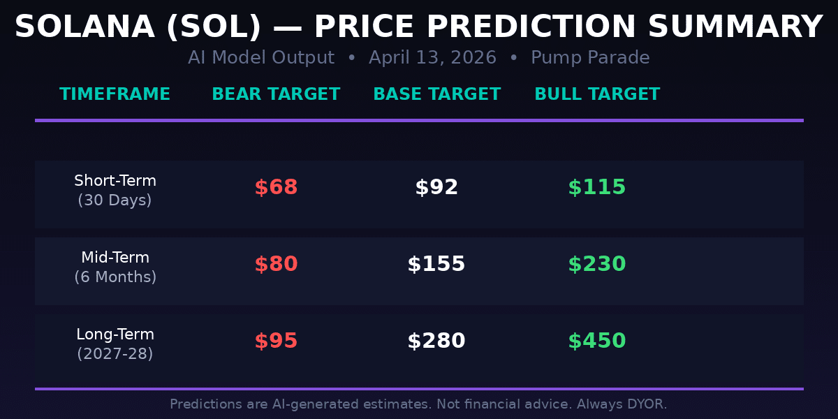 Solana SOL price prediction table showing bear, base, and bull targets for short-term, mid-term, and long-term timeframes
