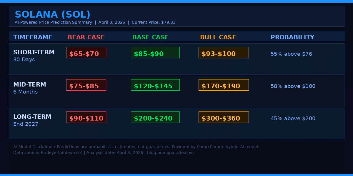 Solana SOL price prediction summary table: bear, base, and bull targets for 30 days, 6 months, and end 2027