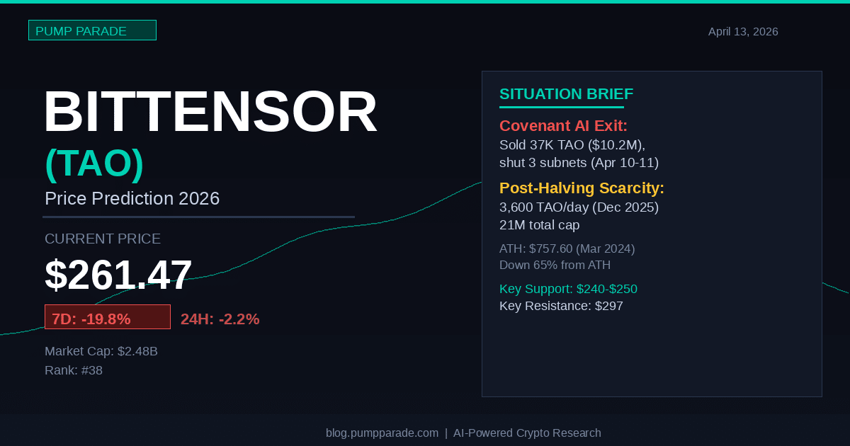 Bittensor TAO price prediction 2026 hero image showing current price $261 and 7-day decline