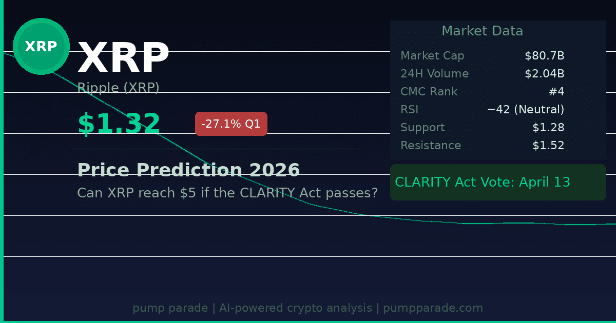 XRP price prediction 2026 hero image showing current price of $1.32 and 24-hour change