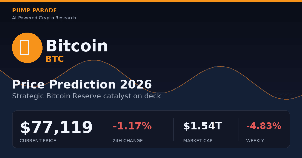 Bitcoin BTC price prediction 2026 with current price $77,119 hero graphic