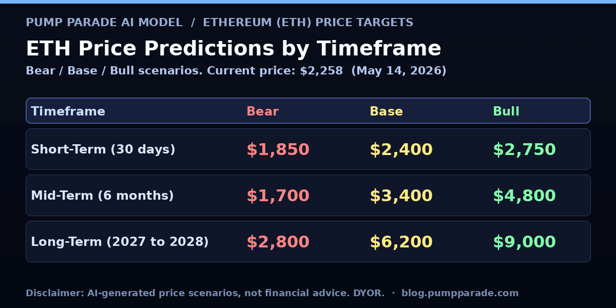Ethereum ETH price prediction 2026 bear base bull targets by timeframe