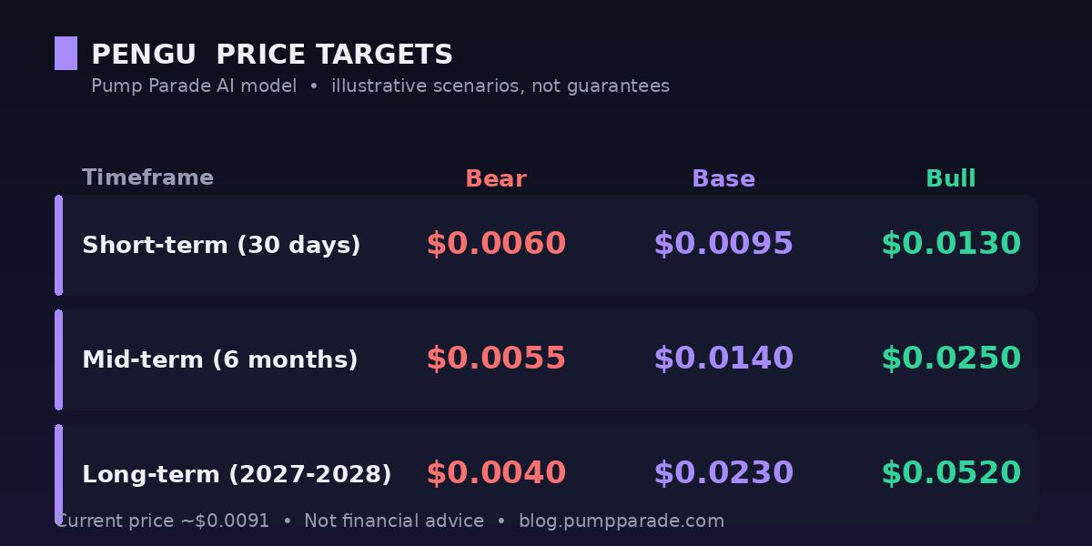 PENGU price prediction table showing bear, base and bull targets across three timeframes