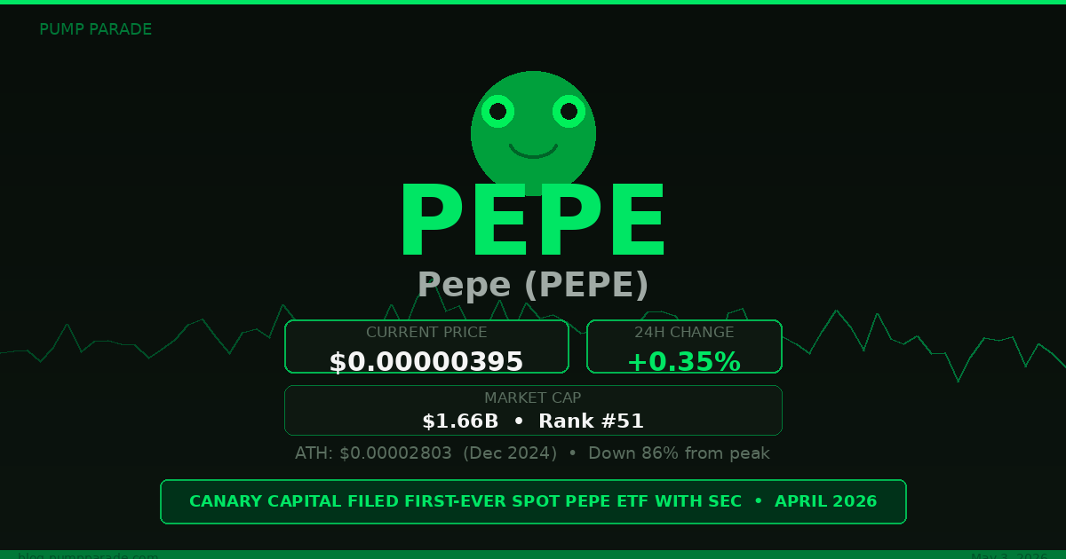 PEPE Price Prediction 2026 hero image showing current price $0.00000395 and Canary Capital ETF catalyst