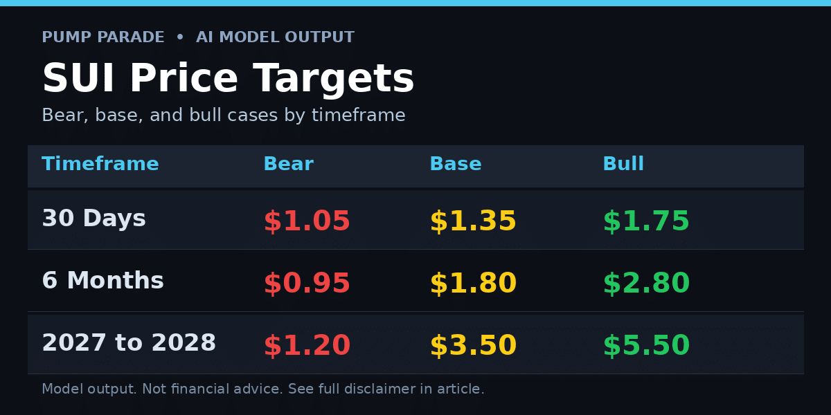 Sui (SUI) price prediction targets table showing bear, base, and bull case scenarios for 30 days, 6 months, and 2027 to 2028