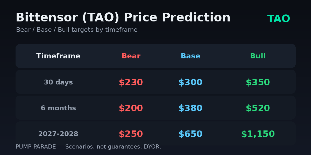 Bittensor TAO price prediction targets bear base bull by timeframe
