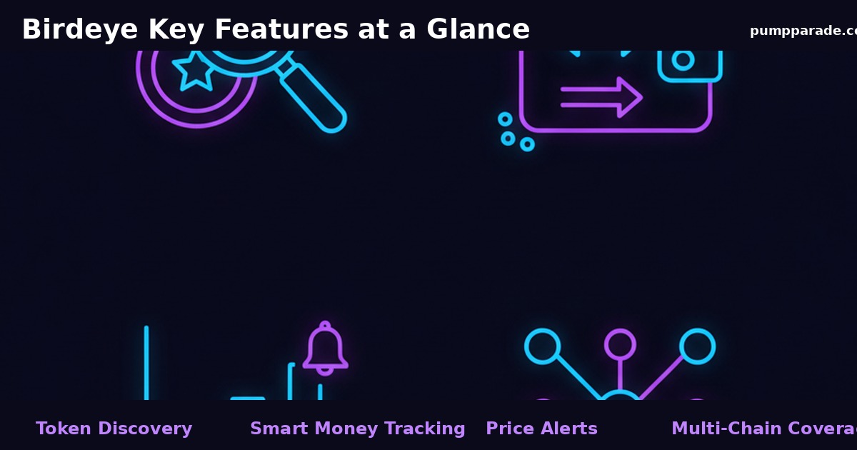 Birdeye key features at a glance: token discovery, smart money tracking, price alerts, and multi-chain coverage