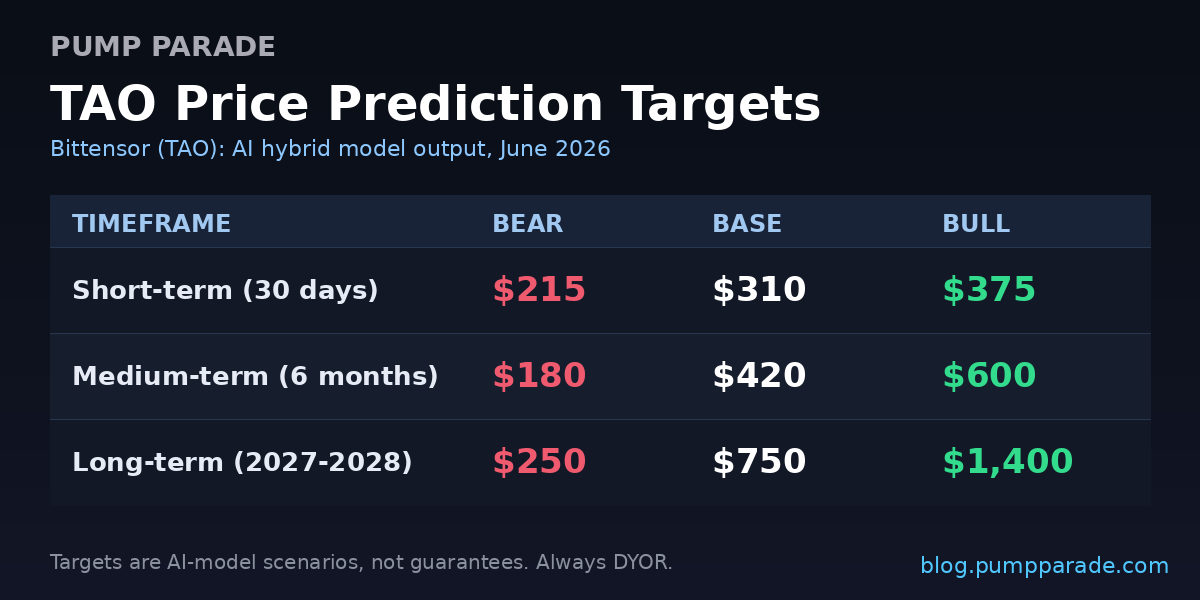 TAO price prediction targets table showing bear, base, and bull cases for short, medium, and long-term horizons