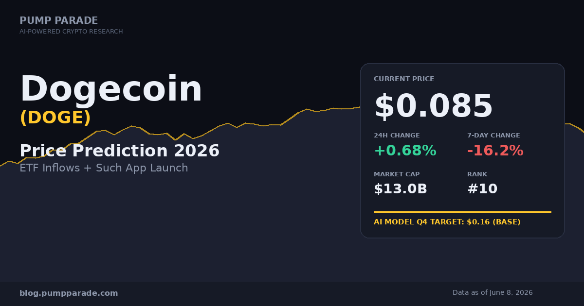 Dogecoin DOGE price prediction 2026 hero card showing current price $0.085, market cap $13B, and AI model Q4 base target of $0.16
