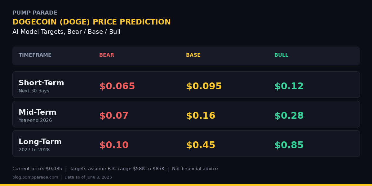 Dogecoin DOGE price prediction 2026 table showing bear, base, and bull targets for short-term, mid-term, and long-term timeframes
