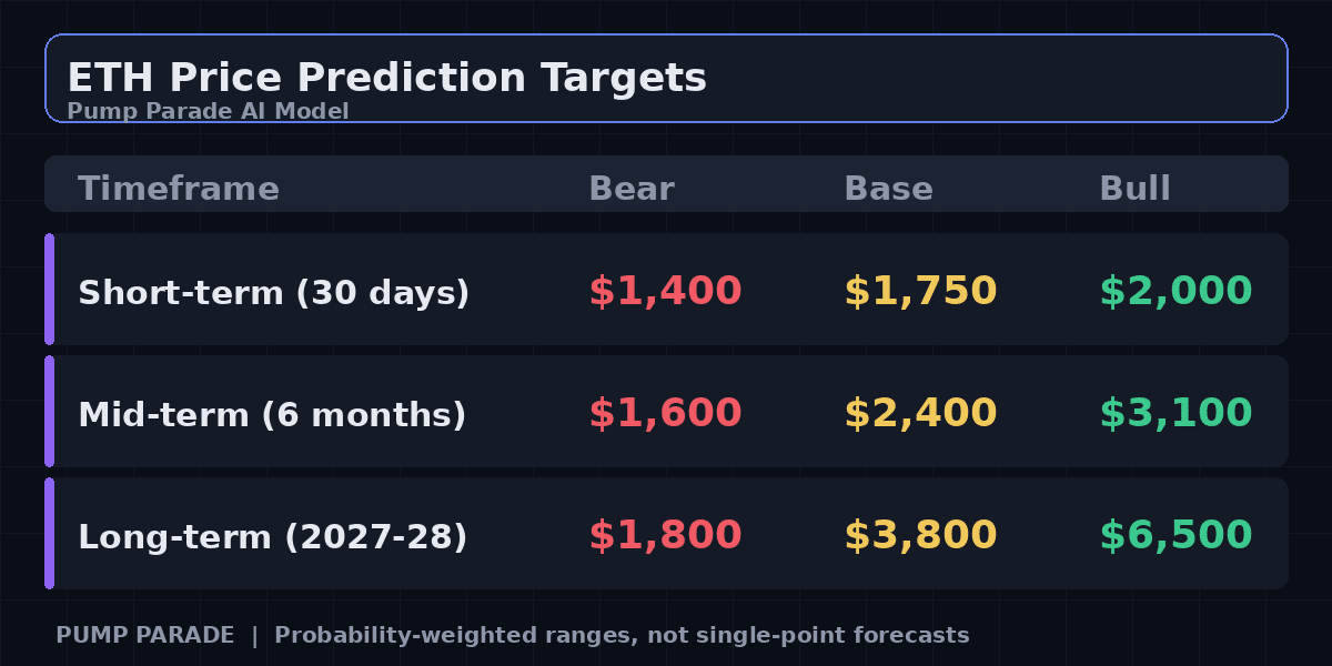 Ethereum ETH price prediction table showing bear base bull targets for short mid and long term