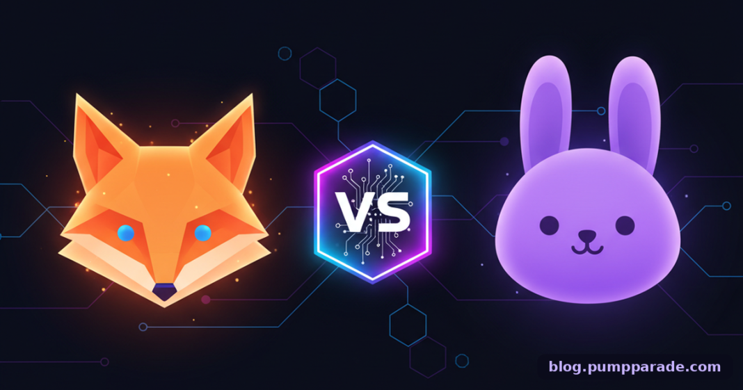 MetaMask vs Rabby Wallet 2026 hero illustration with fox and rabbit facing off on dark background