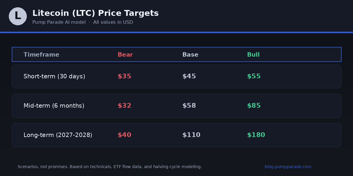 Litecoin LTC price prediction targets table for short-term, mid-term, and long-term scenarios