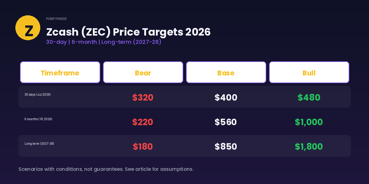 Zcash (ZEC) price prediction 2026 targets table, bear $220, base $560, bull $1000