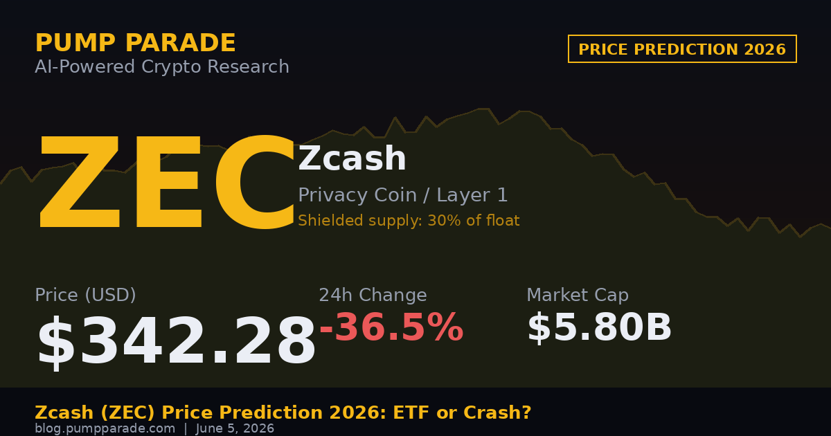 Zcash ZEC price prediction 2026 hero chart showing $342.28 price and 36.5% drop
