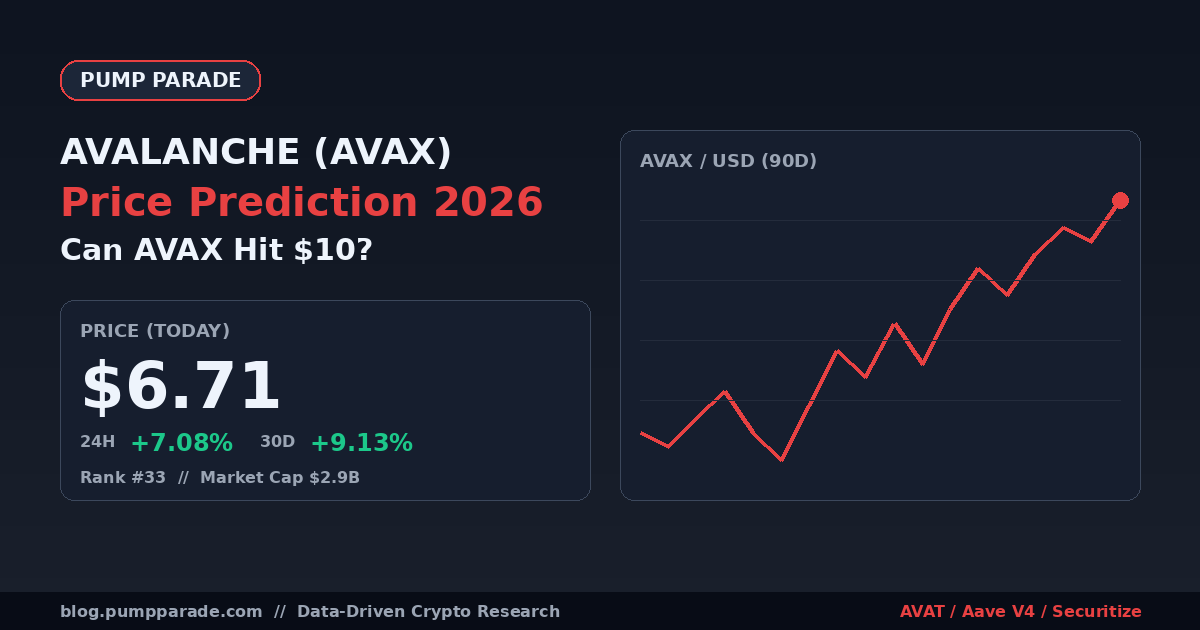 Avalanche (AVAX) price prediction 2026 hero graphic showing current price $6.71 and Nasdaq treasury catalyst