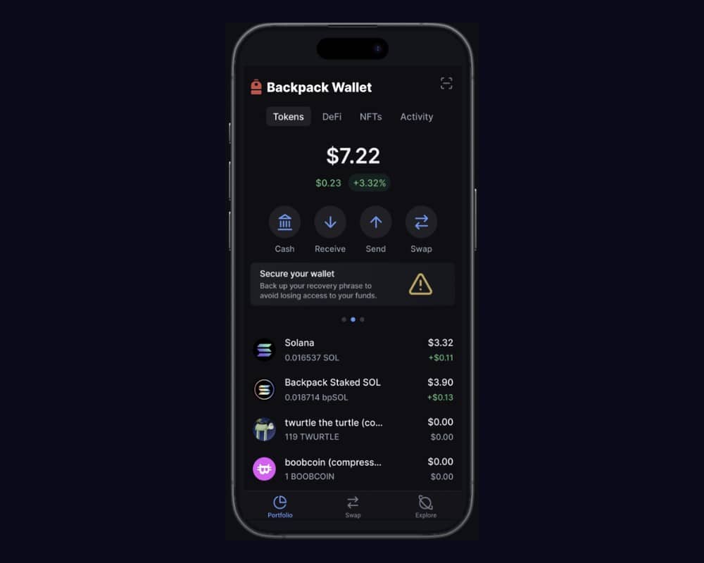 Backpack wallet mobile app showing portfolio and Solana assets