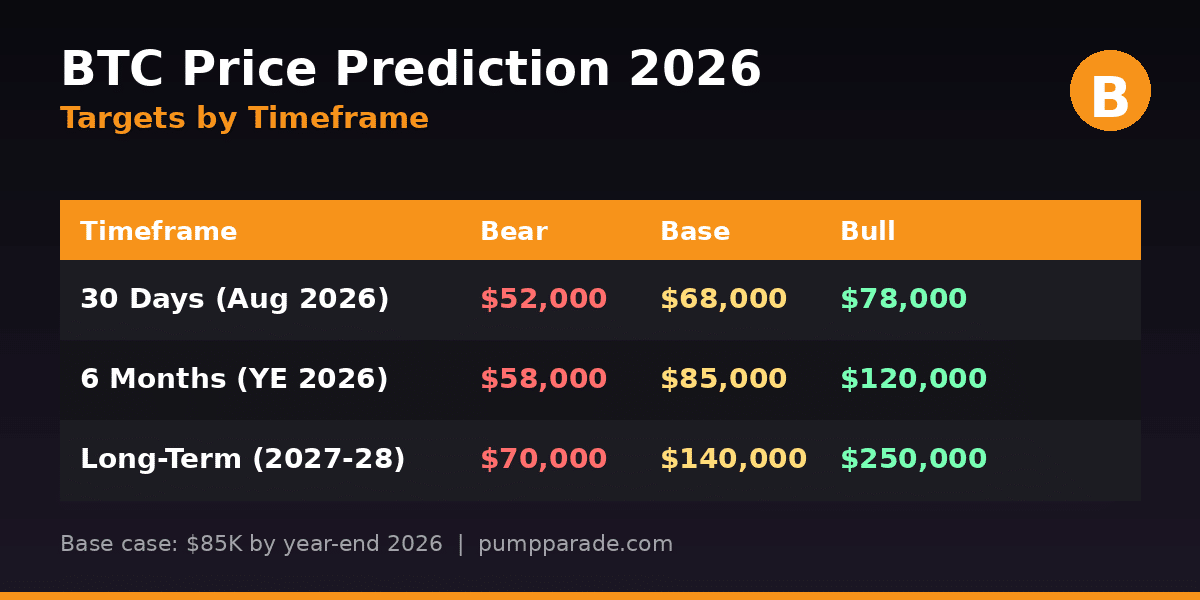 Bitcoin (BTC) price prediction 2026 targets table, bear $50K, base $85K, bull $150K