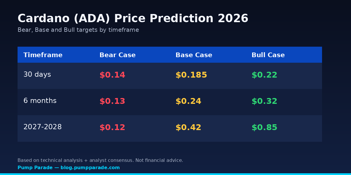 Cardano ADA price prediction 2026 targets table, bear $0.13, base $0.24, bull $0.32 by six months