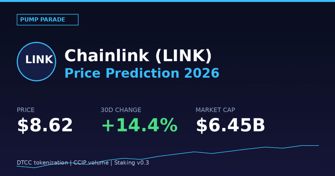 Chainlink (LINK) price prediction 2026 hero graphic, current price $8.62, DTCC tokenization catalyst