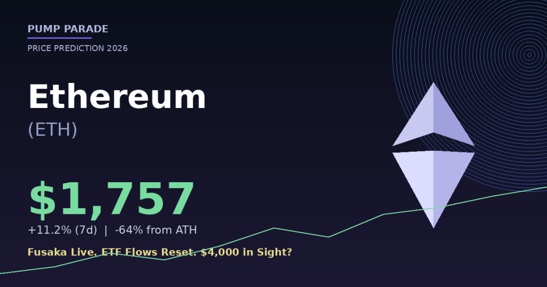 Ethereum (ETH) price prediction 2026 hero graphic, current price $1,757, Fusaka scaling catalyst