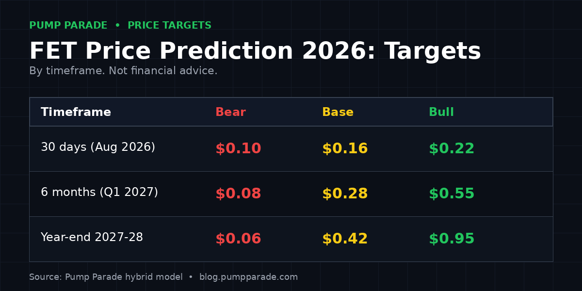 Fetch.ai (FET) price prediction 2026 targets table, bear $0.06, base $0.42, bull $0.95