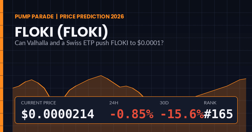 FLOKI (FLOKI) price prediction 2026 hero graphic, current price $0.0000214 with Valhalla mobile launch catalyst