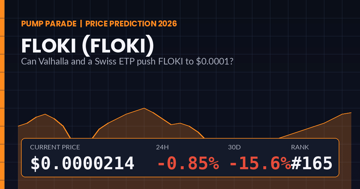 FLOKI (FLOKI) price prediction 2026 hero graphic, current price $0.0000214 with Valhalla mobile launch catalyst