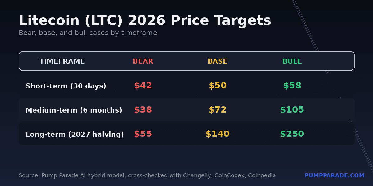 Litecoin (LTC) price prediction 2026 targets table, bear $32, base $80, bull $135
