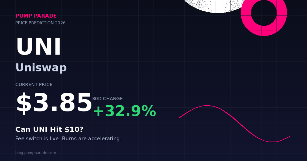 Uniswap (UNI) price prediction 2026 hero graphic, current price $3.85, fee switch catalyst