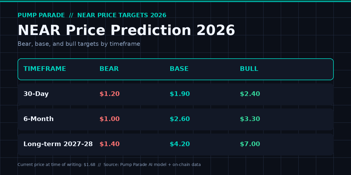 NEAR Protocol (NEAR) price prediction 2026 targets table with bear $1.20, base $2.60, and bull $3.30