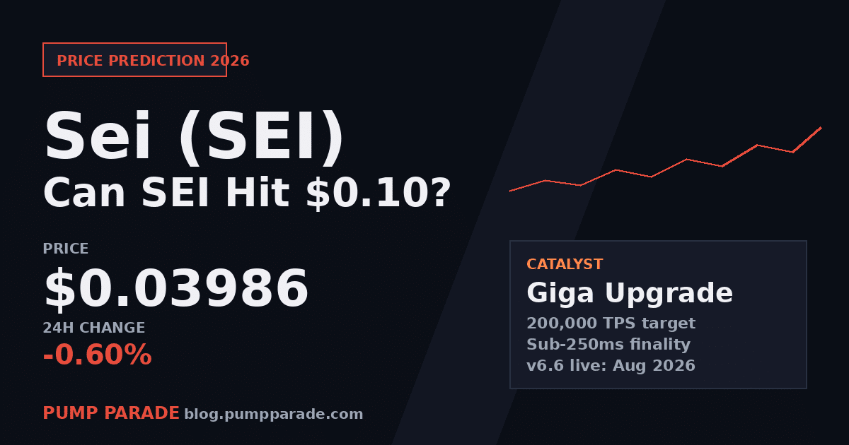Sei (SEI) price prediction 2026 hero graphic, current price $0.040, Giga upgrade catalyst
