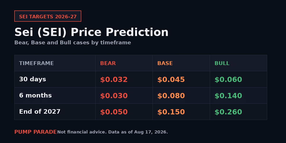 Sei (SEI) price prediction 2026 targets table, bear $0.03, base $0.08, bull $0.20