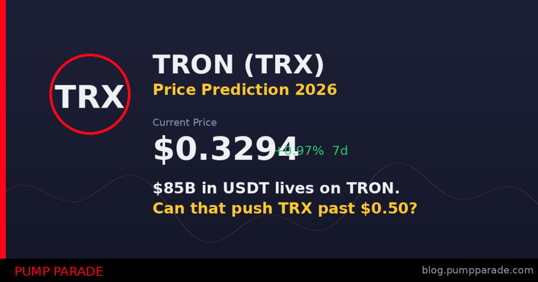 TRON (TRX) price prediction 2026 hero graphic - current price $0.33, $85B USDT dominance catalyst
