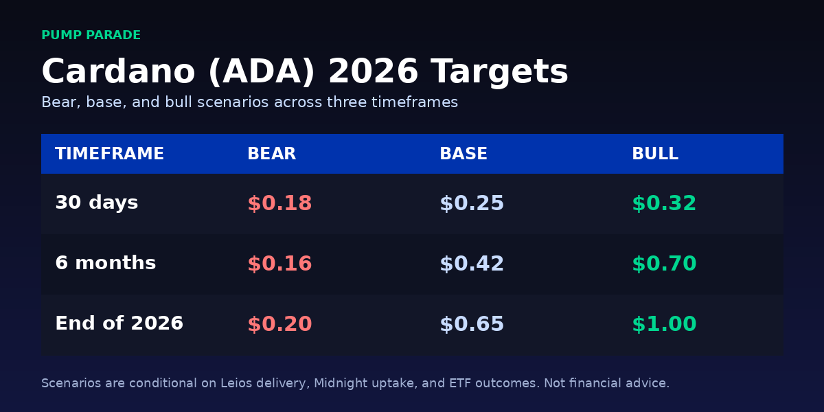 Cardano (ADA) price prediction 2026 targets table: bear $0.20, base $0.65, bull $1.00