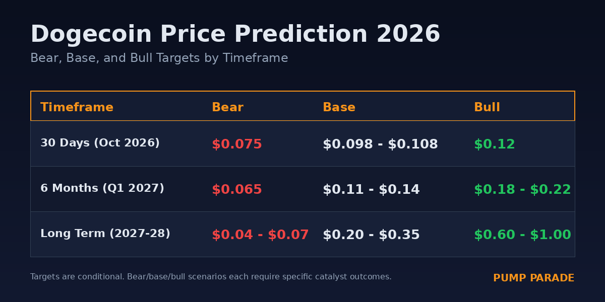 Dogecoin (DOGE) price prediction 2026 targets table, bear $0.075, base $0.115, bull $0.175