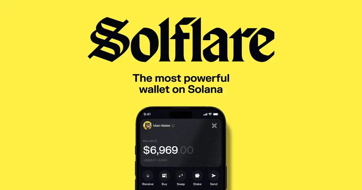 Solflare wallet UI showing staking, NFTs, and in-wallet swap