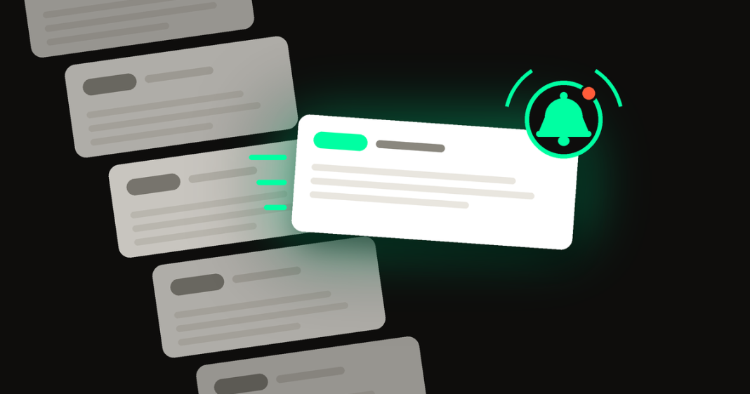 Illustration of a stream of blank filing cards with one white card pulled out, glowing green, with an alert bell badge