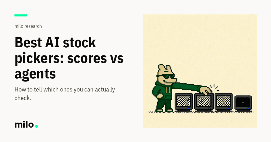 milo character at a trading terminal with the headline Best AI stock pickers: scores vs agents