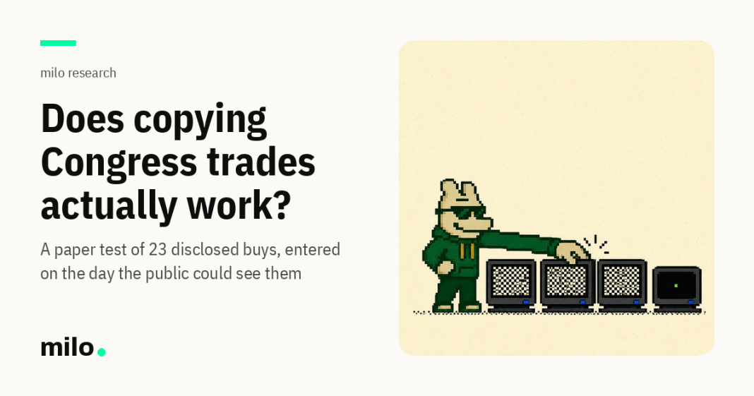 milo character at a row of terminals with the headline Does copying Congress trades actually work?