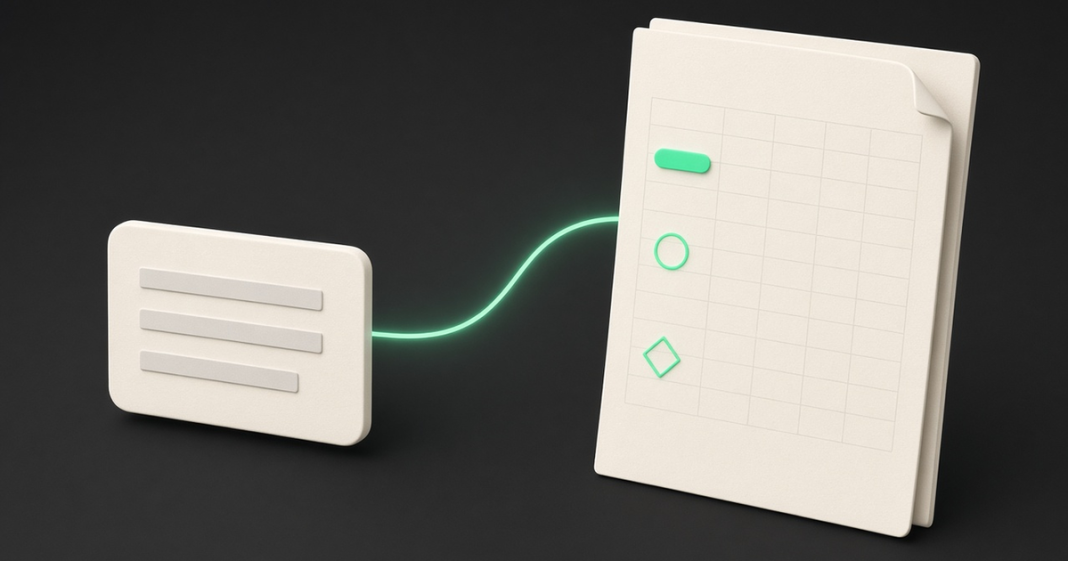Illustration: a small tracker card linked by a green line to a full disclosure document marked with three different shapes for stock, options and a private asset